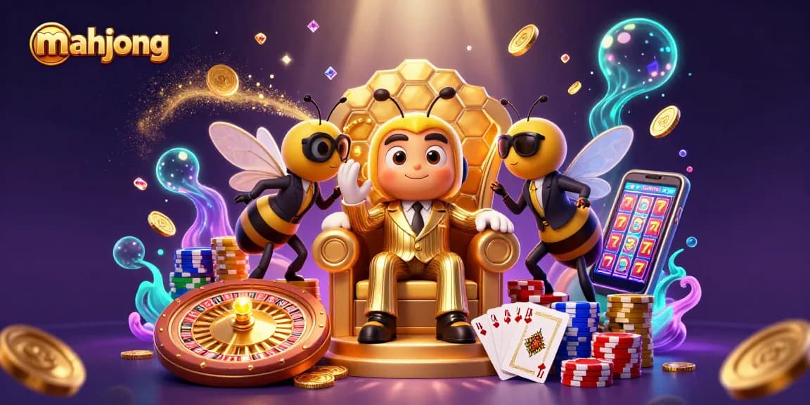 Play mahjong with vibrant casino elements in a dynamic cartoon illustration.