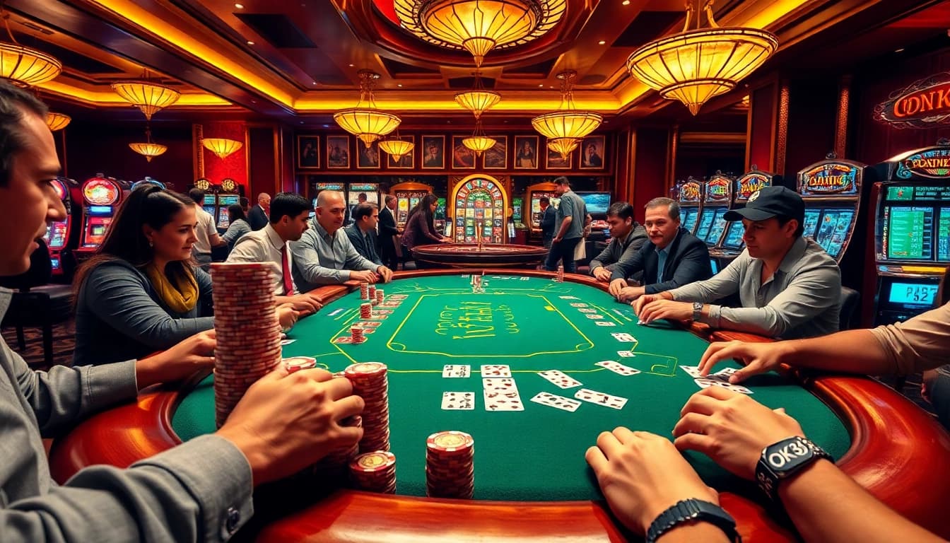 Players engage in a thrilling poker game at the OK8386 casino table, surrounded by vibrant slot machines.