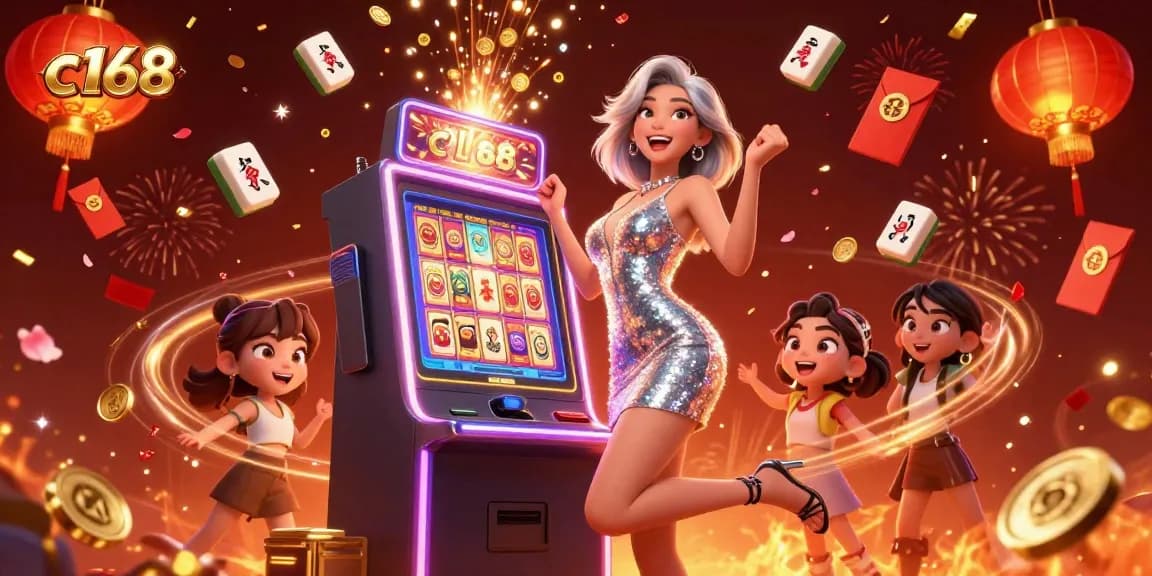 Experience excitement at c168 with a dazzling Asian woman celebrating a big jackpot in Vegas-inspired casino.
