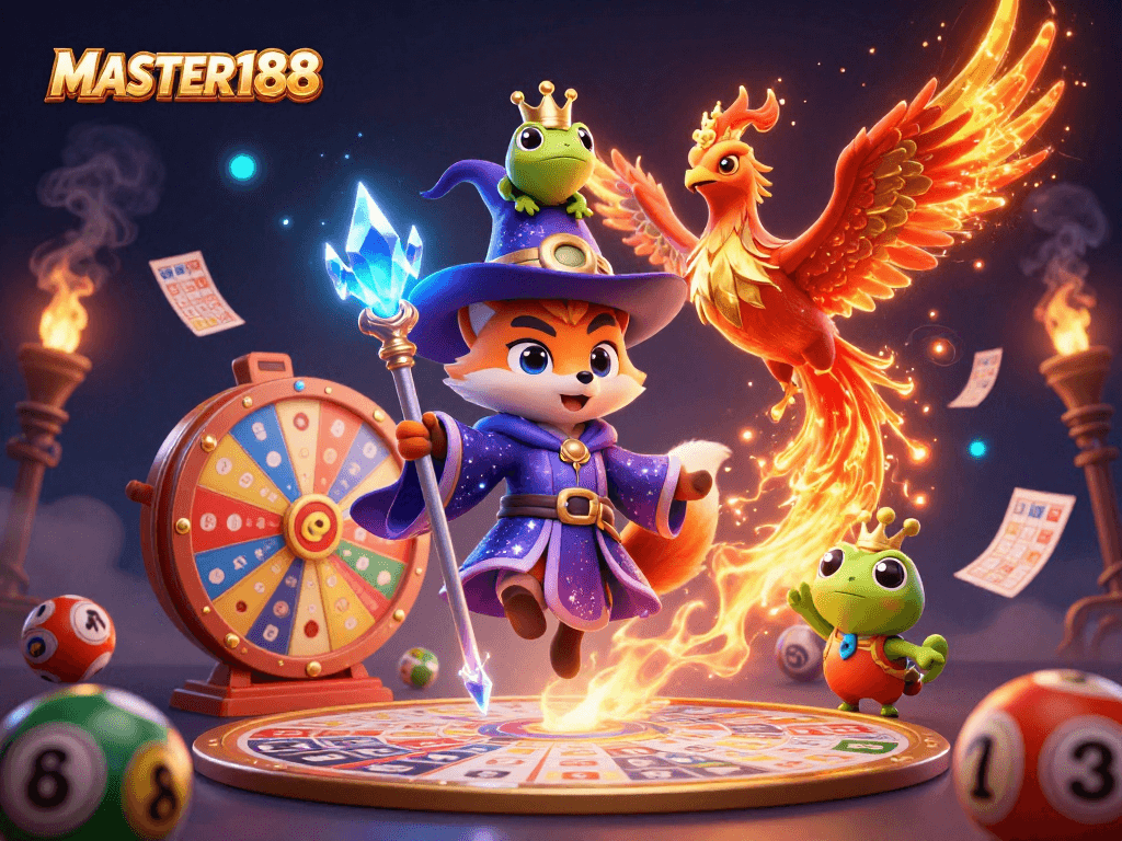 Engage with MASTER188's vibrant gambling scene featuring lottery elements and an enchanting wizard.