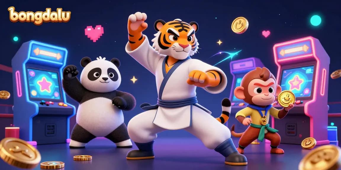 Bongdalu showcases vibrant action with dynamic characters amidst immersive arcade elements in this 3D illustration.