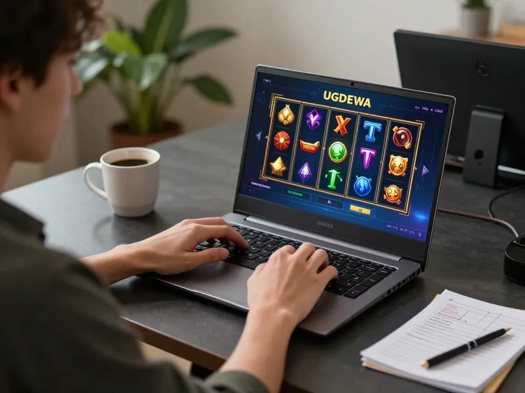 UGDEWA player enjoying an online slot game at home, showcasing vibrant gaming interface and cozy atmosphere