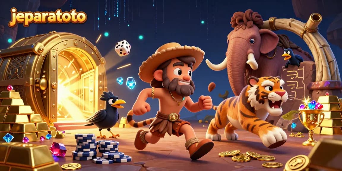 Experience winning at jeparatoto with a cartoon caveman and sabertooth duo in a prehistoric casino scene.