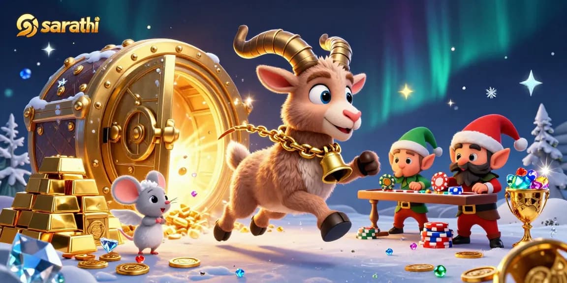 Experience the thrilling casino atmosphere with sarathi's lively 3D illustration filled with festive characters and rich game elements.