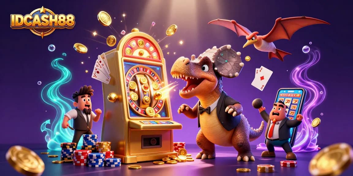 Experience thrilling slots with IDCASH88 as a pachycephalosaurus heads to the slot machine, capturing golden coins!