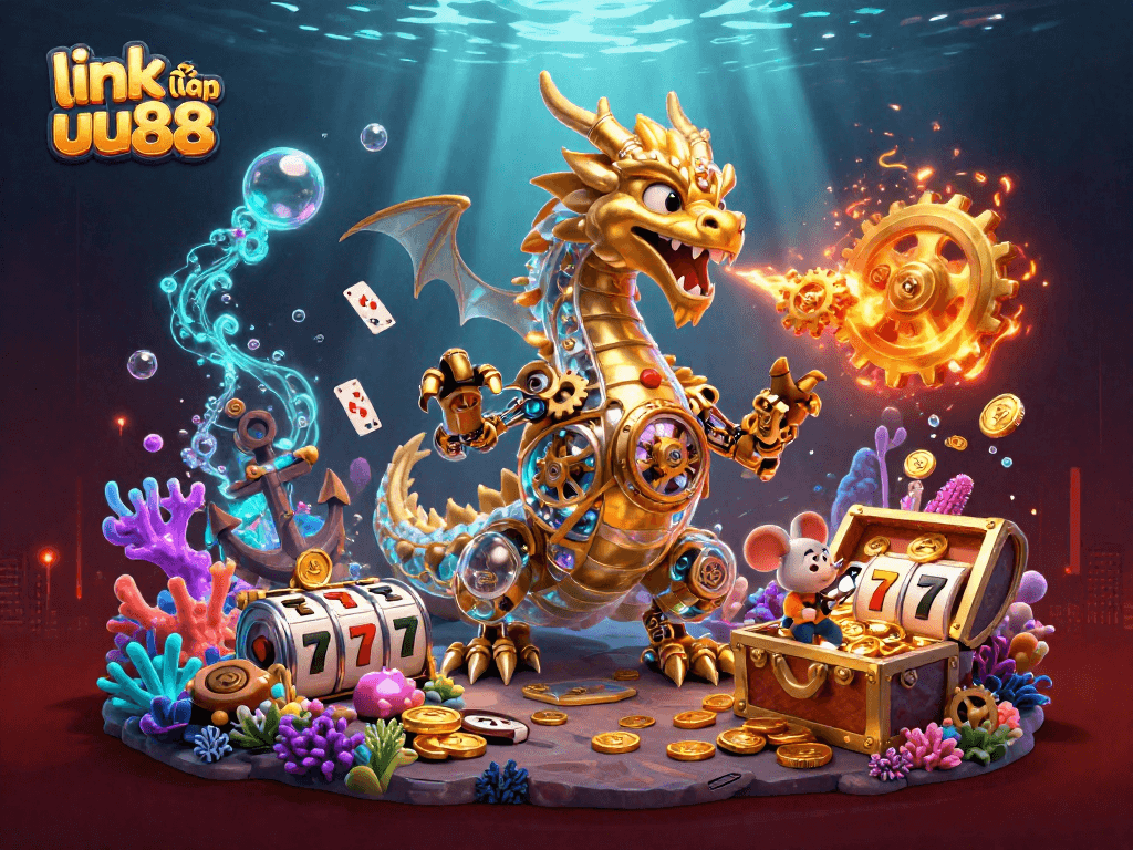 Engage with the thrilling world of link đăng nhập uu88 alongside a golden dragon and exciting casino elements.
