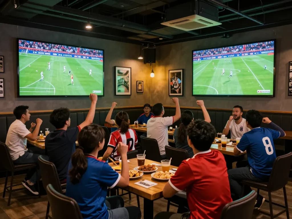 Fans engaged in sports betting excitement while watching live soccer on VUASANCO's streaming service