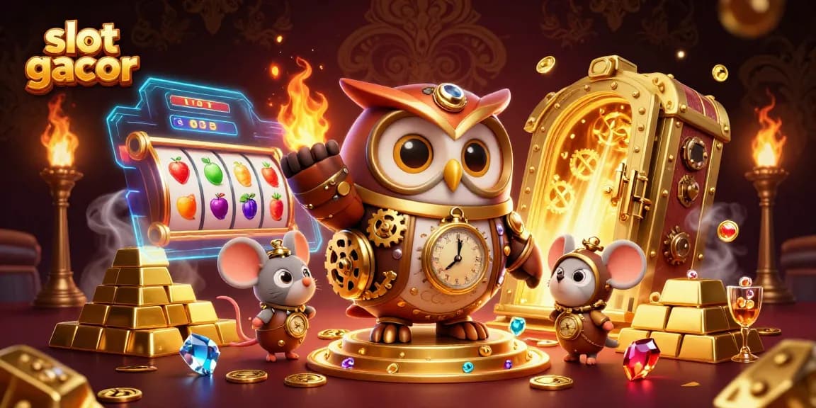 Engage in slot gacor action with a steampunk owl and shimmering treasures in a vibrant casino scene.