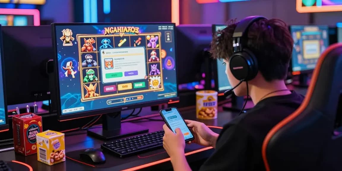 Gamer menggunakan NAGAHITAM303 login di ruang permainan slot online yang cerah dan penuh warna.