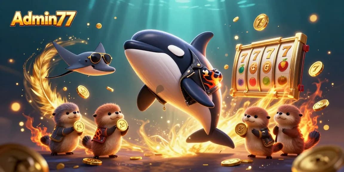 Win big with Admin77 in this immersive casino scene featuring a dynamic cartoon orca and otter family.