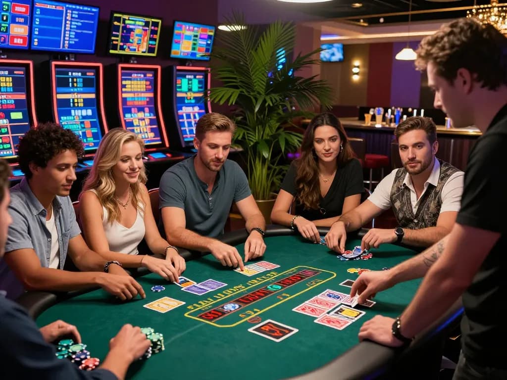 Exciting gambling scene with friends at nk88 casino table, lively atmosphere, colorful chips, and screens