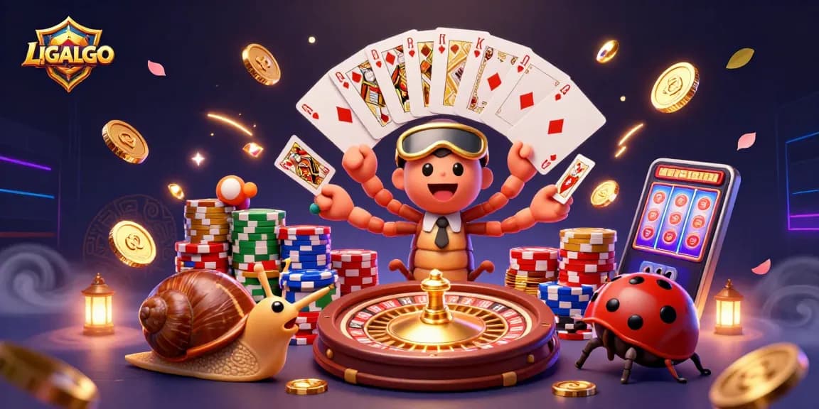 LIGALGO showcases thrilling casino excitement with a 3D millipede dealer, high-roller snail, and winning cards.