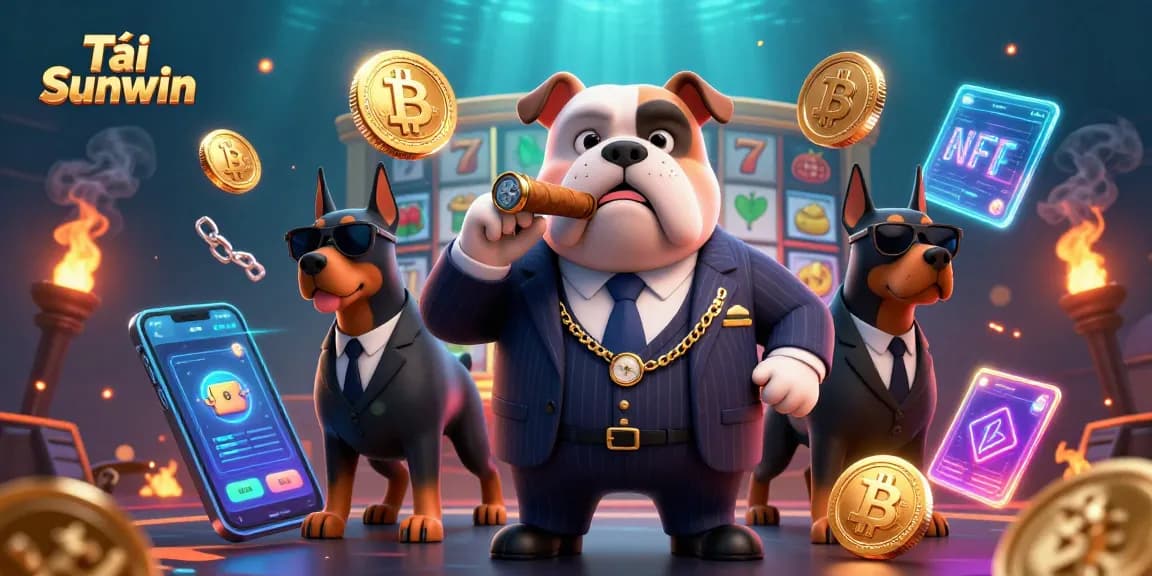 Tải Sunwin immersive casino experience with a mafia bulldog and bodyguard Dobermans amid crypto elements