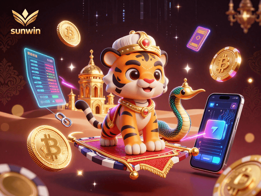 Experience big wins with sunwin's vibrant 3D Arabian-themed casino illustrations packed with energy and gambling elements.