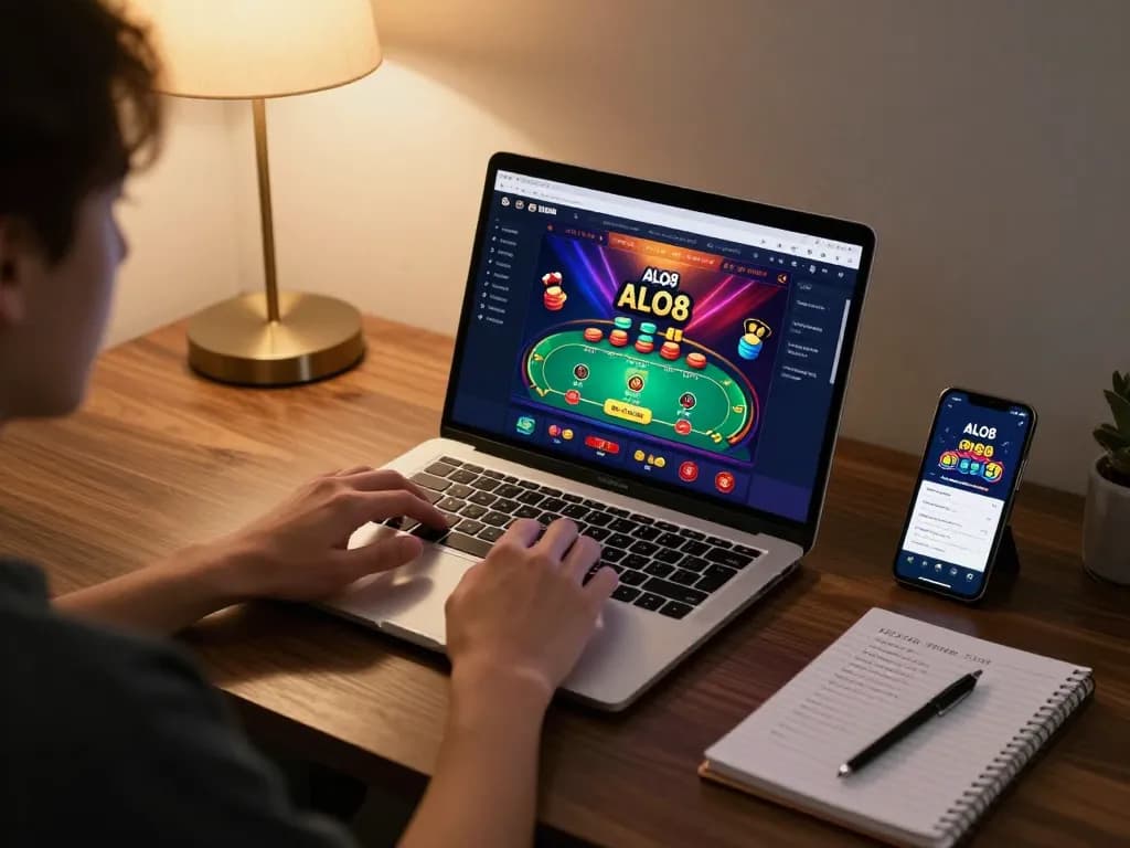Player enjoying an online poker game on ALO8 while using a laptop, showcasing engaging gaming atmosphere.