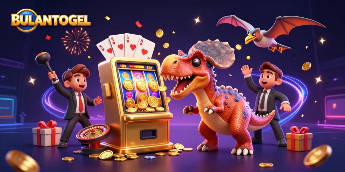 BULANTOGEL showcases a pachycephalosaurus celebrating a jackpot win with vibrant casino elements.