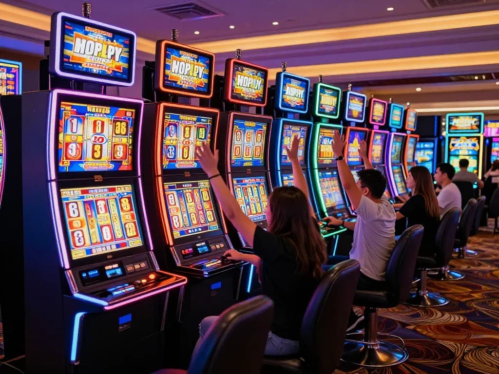 Players enjoying the thrill of slot machines in a lively casino setting, celebrating wins.