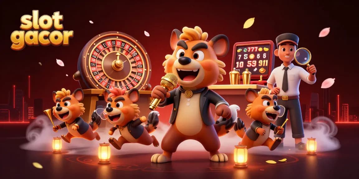 Engage with slot gacor in a lively 3D hyena casino scene filled with vibrant game elements.