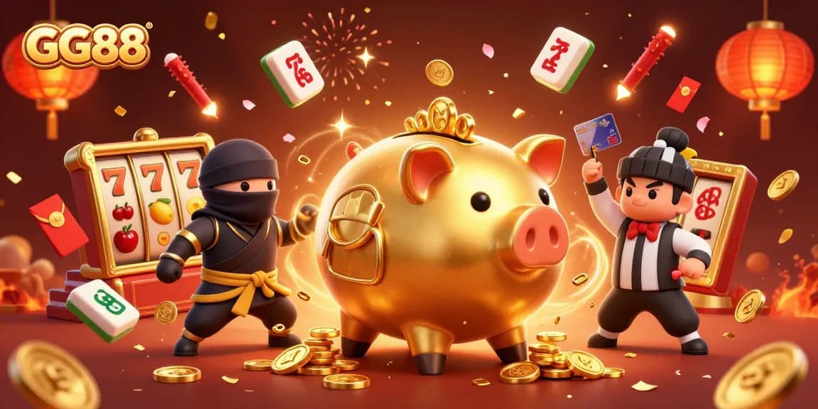 GG88 showcases an exciting gaming scene with a golden piggy bank and dynamic symbols, emphasizing winning strategies.