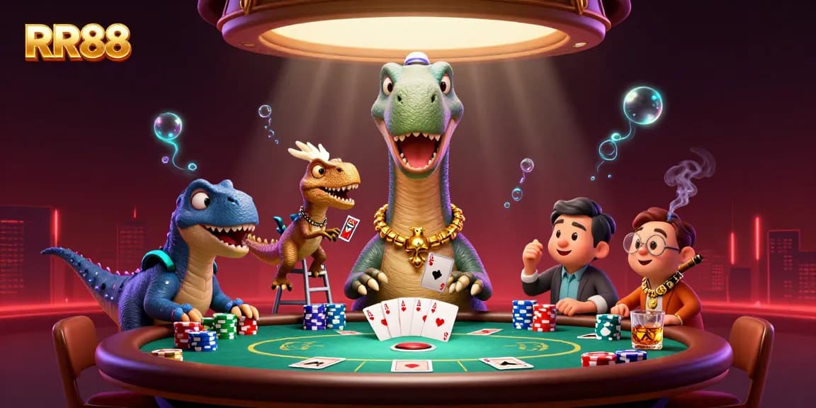 Engage in thrilling poker excitement with RR88's unique casino scene featuring vibrant characters and dynamic game elements.