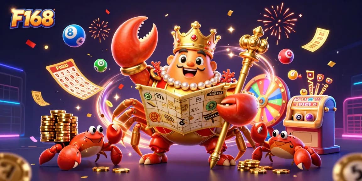 Experience the excitement of F168 with a vibrant illustration of the golden crab emperor amidst dynamic gaming elements.