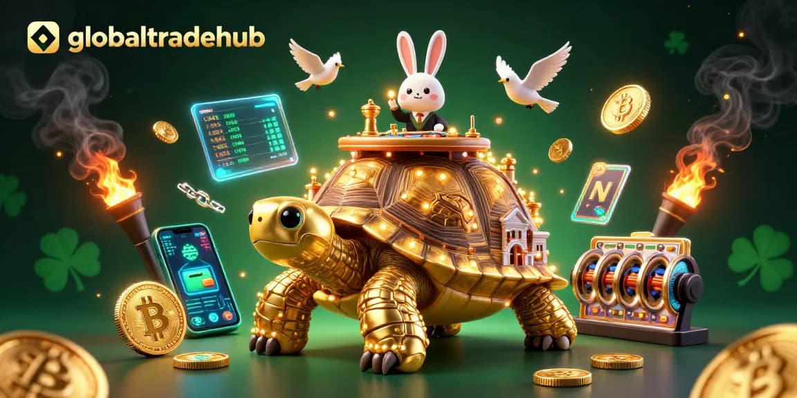 Play at globaltradehub's vibrant casino scene featuring golden tortoise and rabbit dealer amidst digital coins.