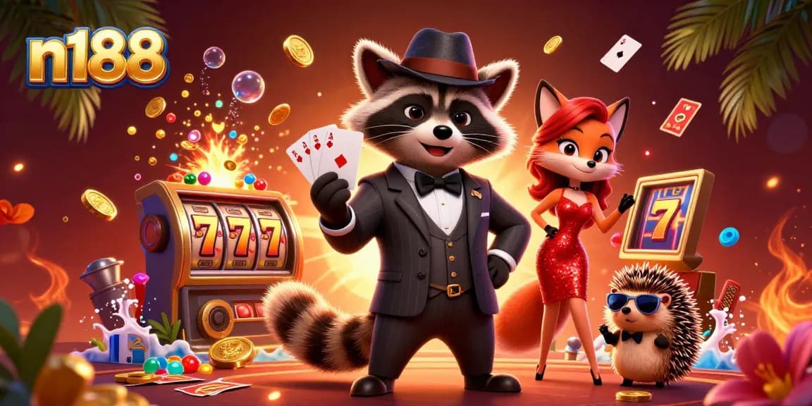 Experience the excitement of n188 with a raccoon holding a royal flush, surrounded by casino treasures.