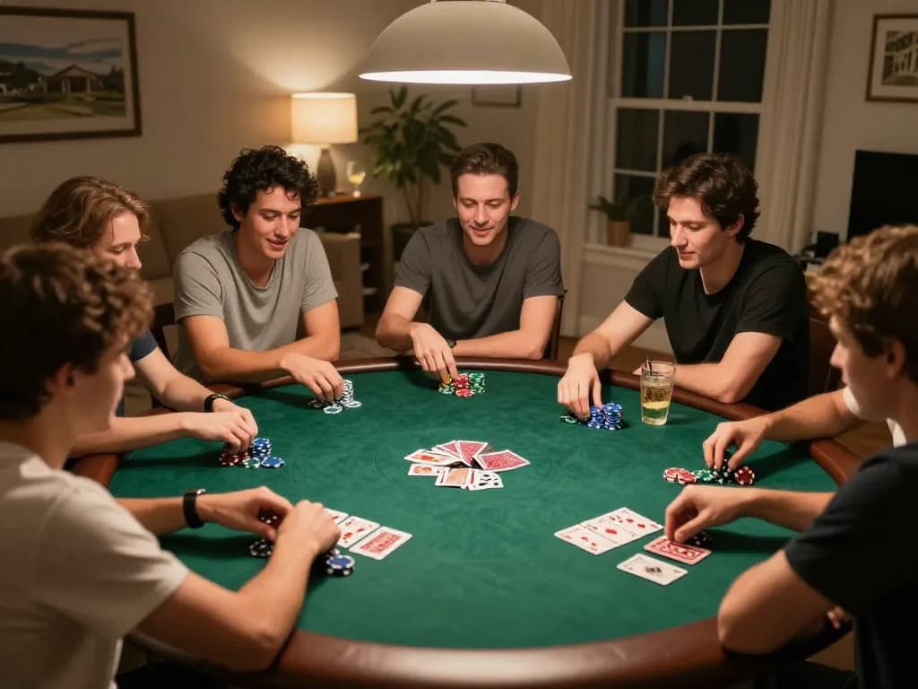 Friends enjoying a competitive poker night, showcasing strategy and excitement in a cozy setting with kerajaanslot atmosphere.