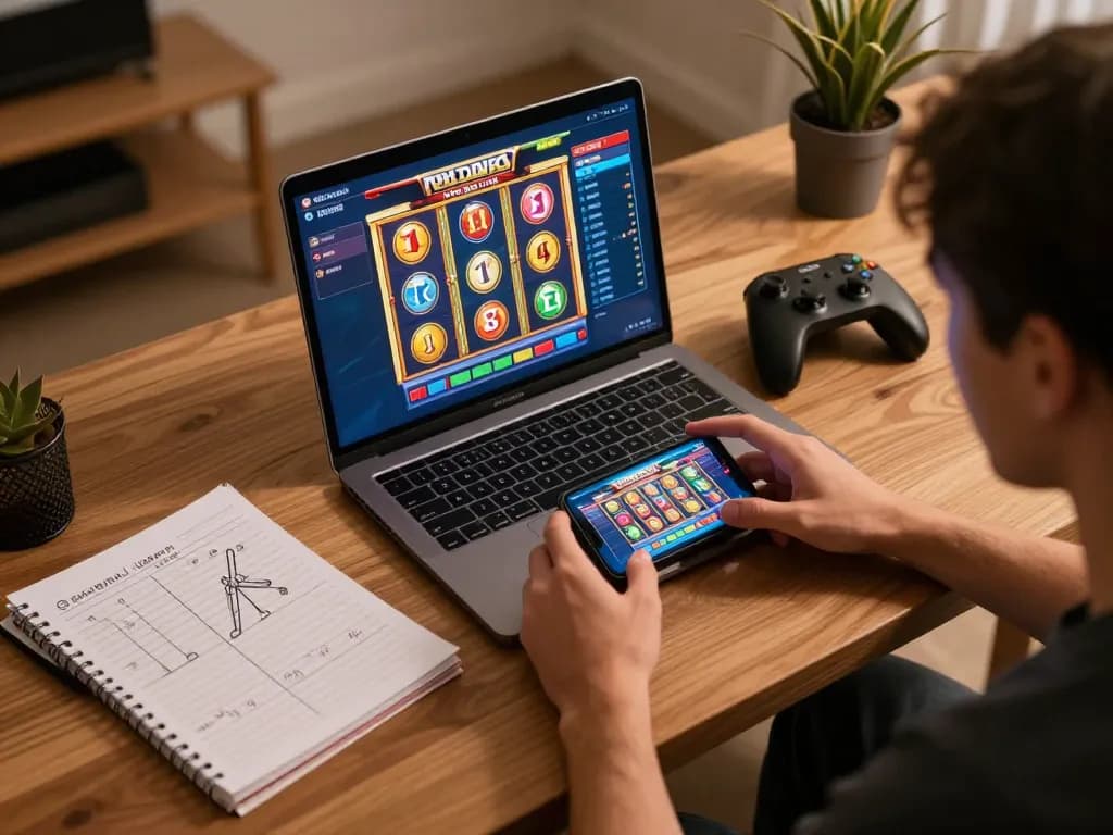 Engaging in exciting toto slot gameplay on a laptop with strategic notes nearby, creating a dynamic online gaming atmosphere.