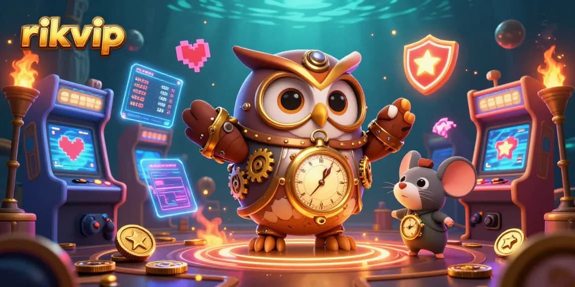 Experience thrilling games at rikvip, featuring cartoon characters in a vibrant casino setting.