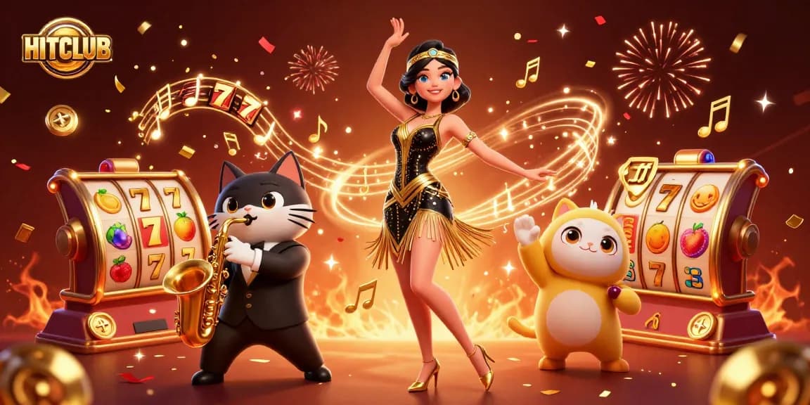 Engage with HITCLUB's thrilling slot reels and dance alongside vibrant characters in a dynamic casino atmosphere.