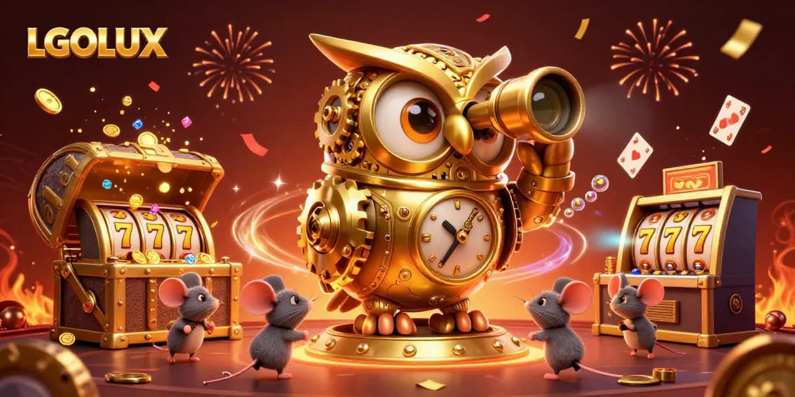 Engage in thrilling slots at LGOLUX, featuring golden owl with dynamic casino elements.