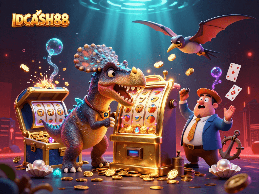 IDCASH88 slots scene featuring a dinosaur and jackpot winnings with vibrant underwater elements