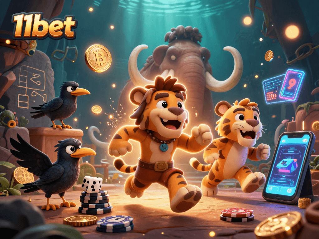 Bet and win with 11bet in a lively prehistoric casino featuring ancient gaming elements.
