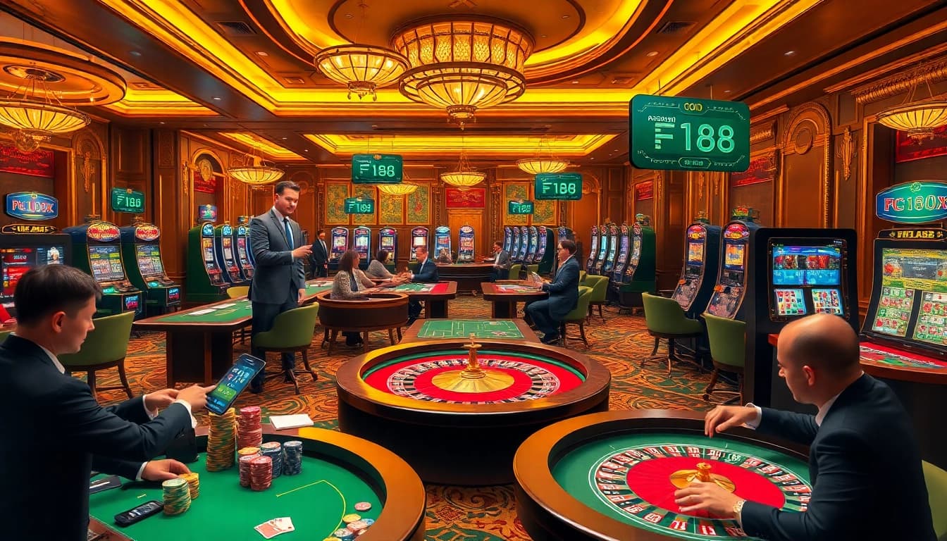 F168 casino scene with professional dealers and vibrant gaming elements enhancing the excitement.