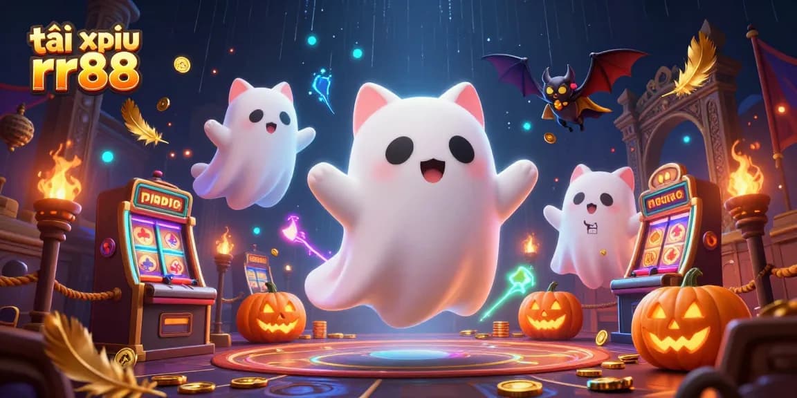 Engage in thrilling tài xỉu rr88 action with a whimsical ghost cat and vibrant casino backdrop.
