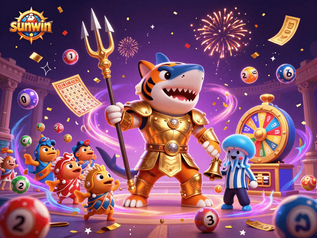 Engage in thrilling lottery dynamics with sunwin's vibrant underwater scene featuring a shark and festive elements.
