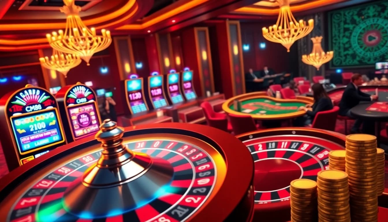 Players enjoying a vibrant gaming experience at CM88 casino with roulette and slot machines.