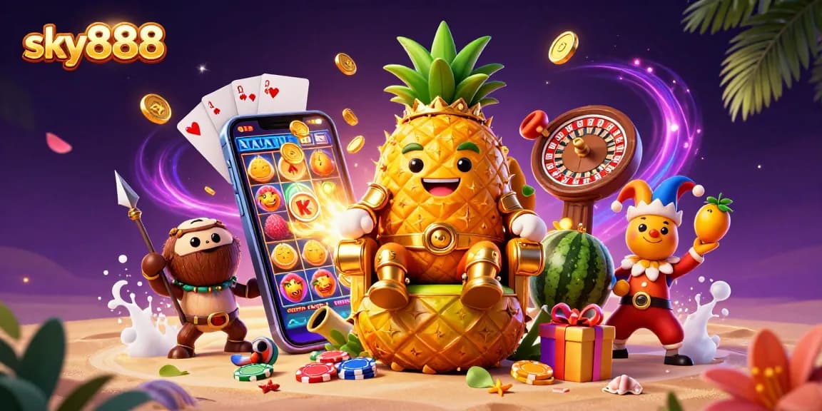 Engage with sky888's vibrant casino scene featuring a golden pineapple king and dynamic gaming elements.
