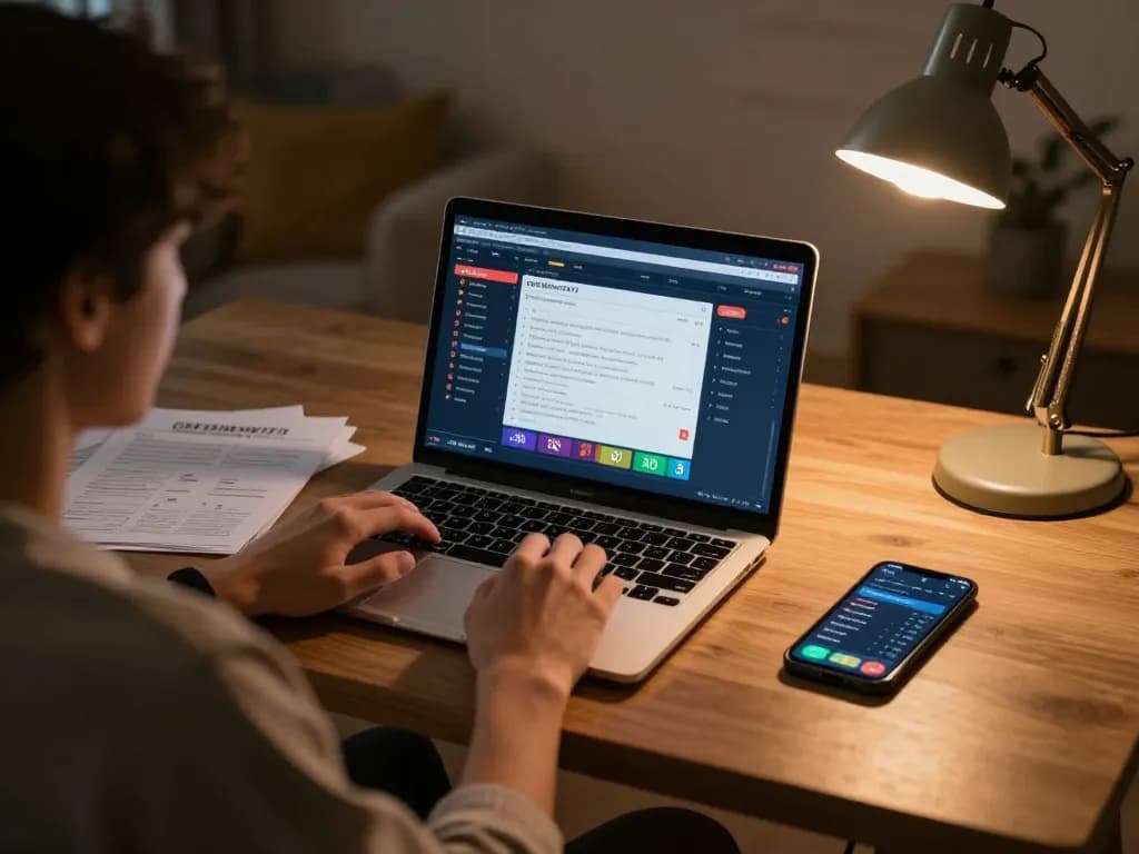 Bertaruh pada olahraga melalui GGDEWA777 di laptop dengan catatan dan strategi terlihat dalam suasana rumah yang nyaman.