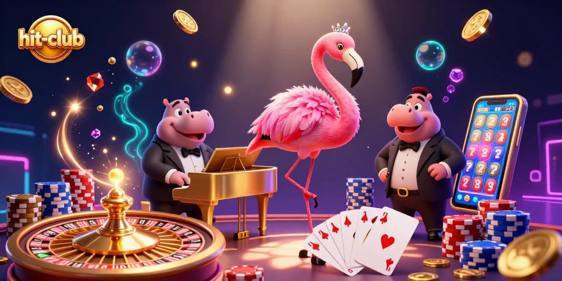 Experience excitement at hit-club with vibrant characters, golden coins, and dynamic game elements in a rich casino scene.