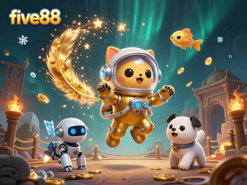 Experience thrilling adventures with five88's astronaut cat and robot dog in a vibrant gambling universe.