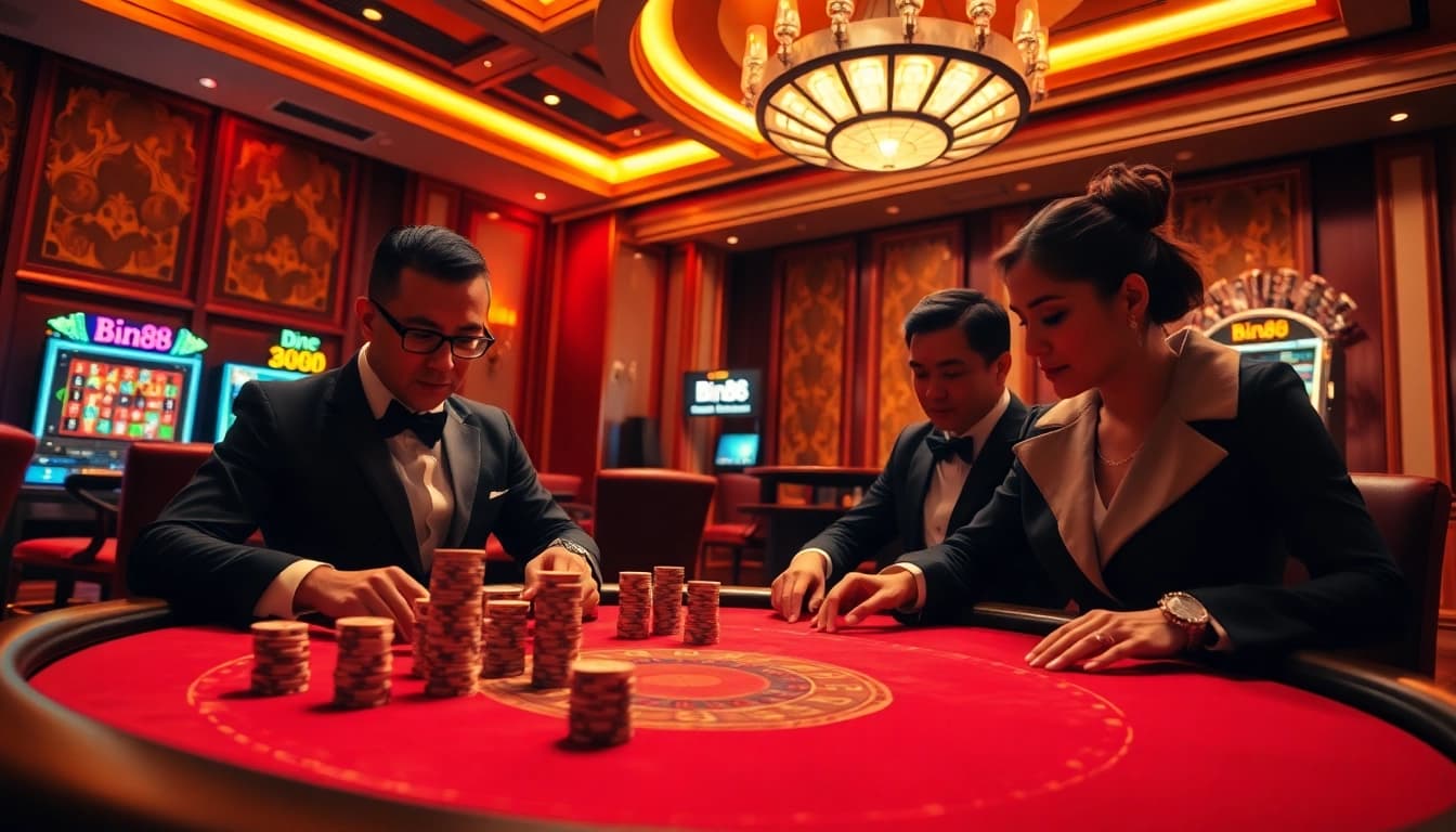 Players strategizing in a high-stakes poker game at Bin88 casino.