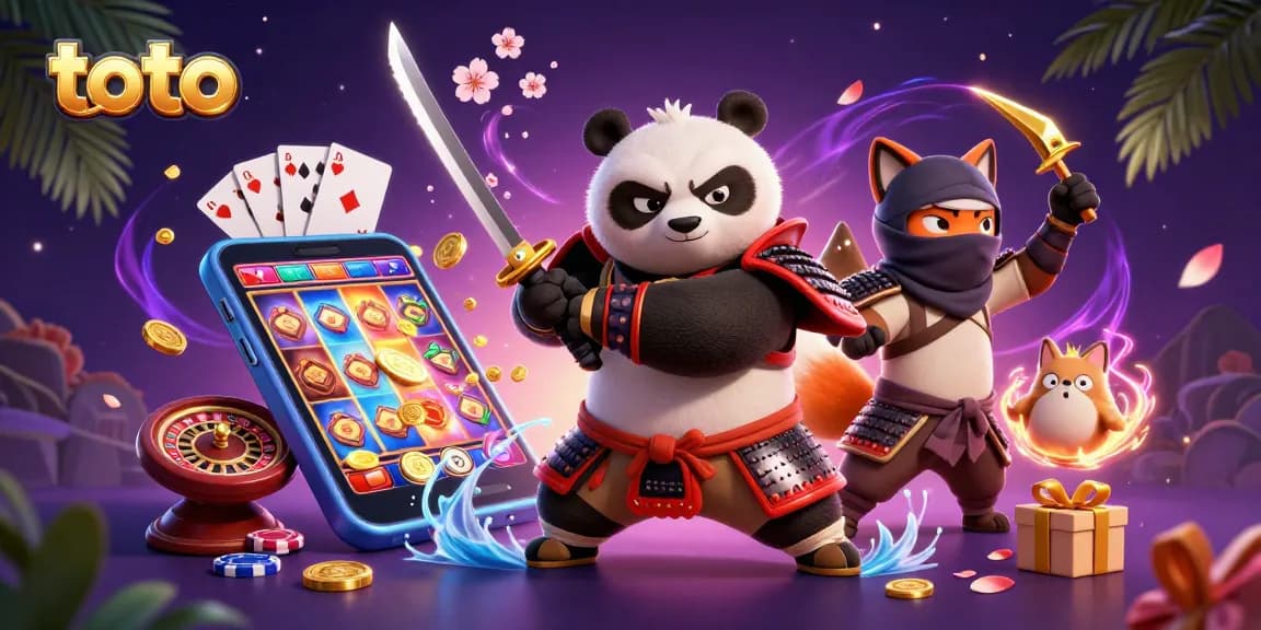 Ilustrasi kasino dengan karakter panda samurai dan rubah ninja, menampilkan permainan toto yang menarik.