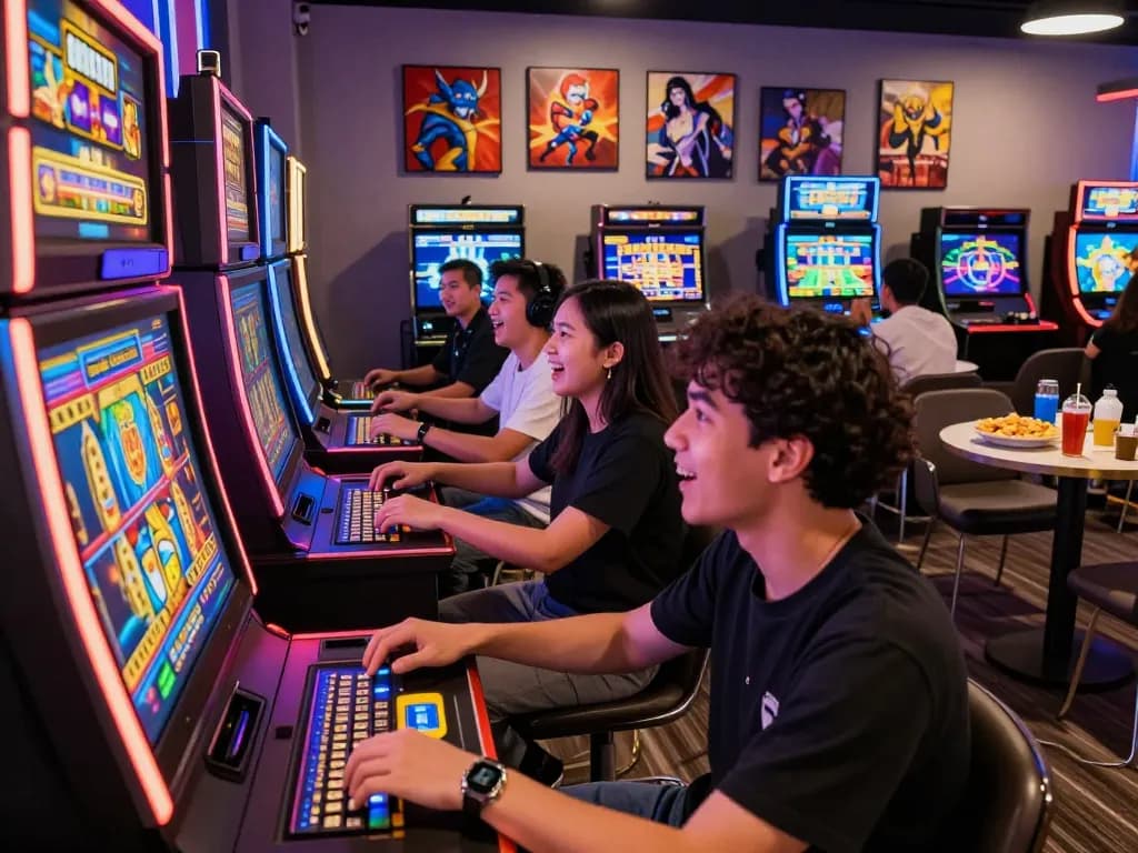 Teman-teman menikmati sesi permainan slot gacor yang hidup di suasana lounge yang ceria.