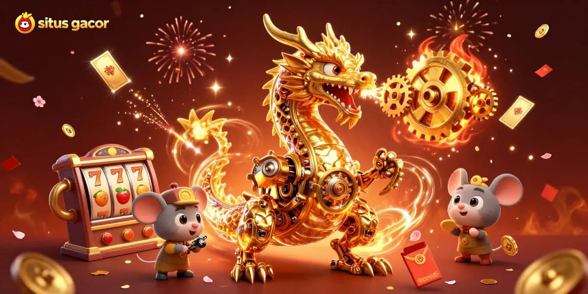 Experience thrilling gameplay at situs gacor with vibrant symbols, golden cards, and a golden dragon illustration.