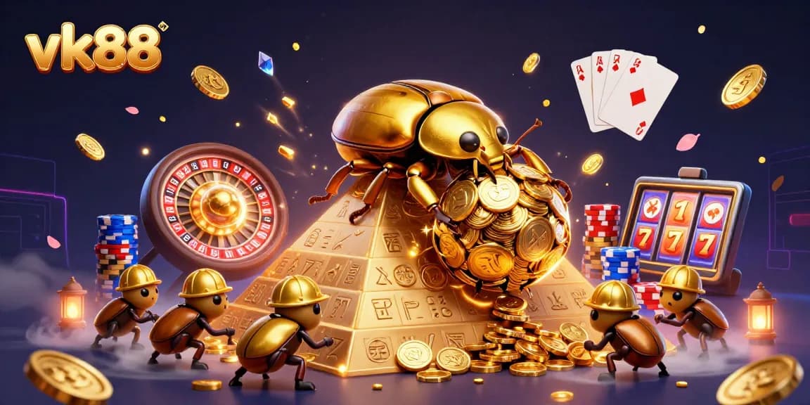Spin and win at vk88 with a vibrant 3D casino scene filled with golden coins and playful beetles.