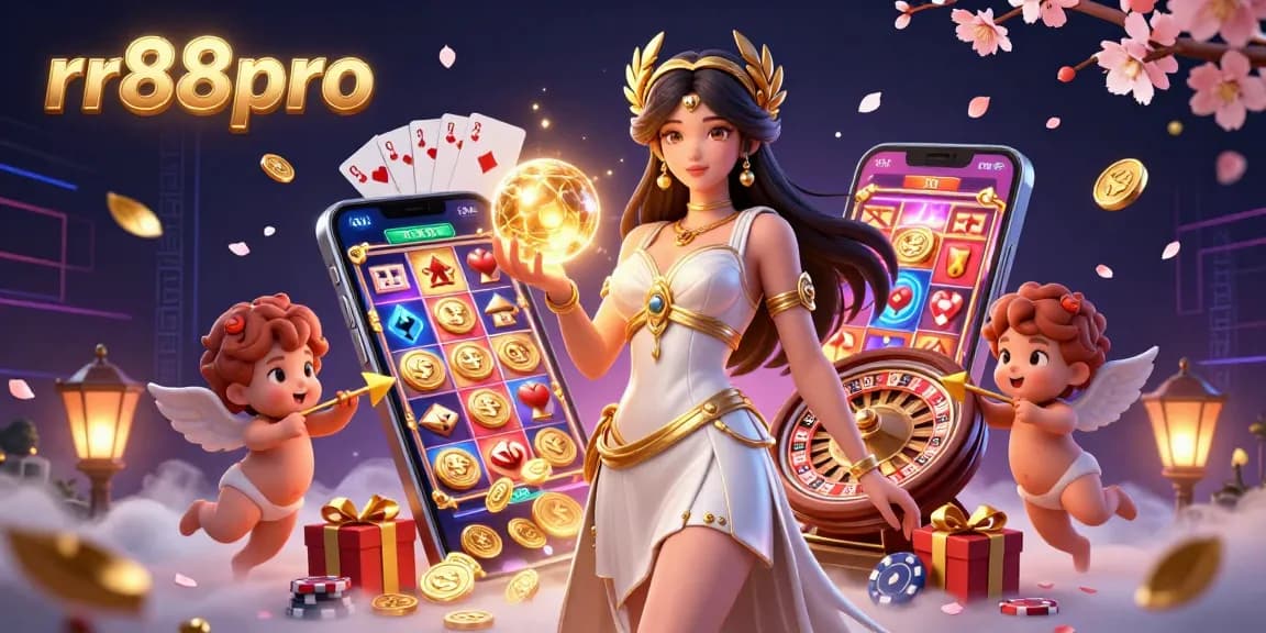 Experience the excitement at rr88pro with a captivating 3D goddess, Cupid characters, and vibrant casino elements.