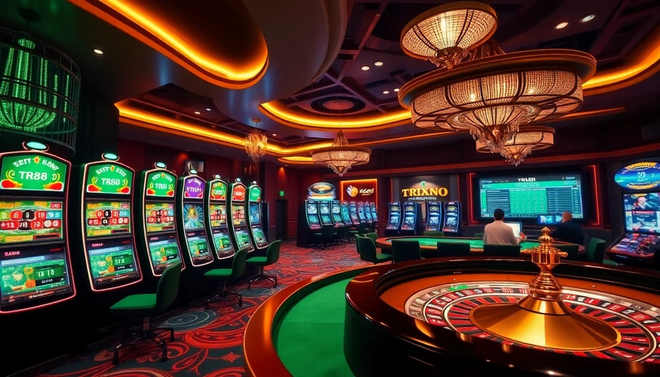 Experience the thrilling atmosphere of tr88 with vibrant slot machines and poker action.