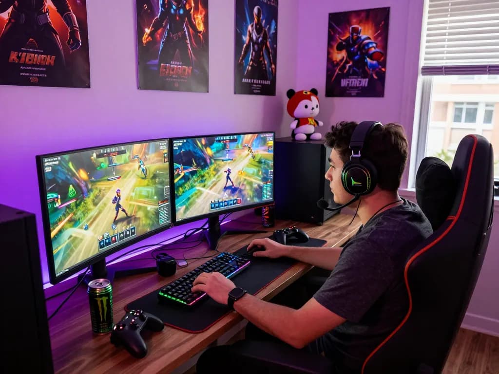 Gamer immersed in action on dual monitors in a vibrant room, showcasing the energy of BANDIT69 gaming culture.